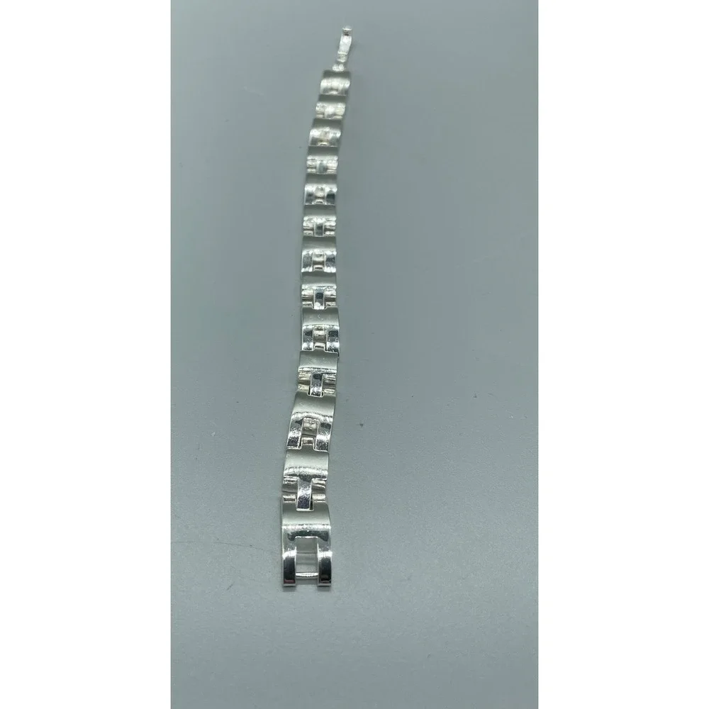 Silver Tone Geometric H-Link Bracelet Minimalist Polished Panel Bracelet 7.5